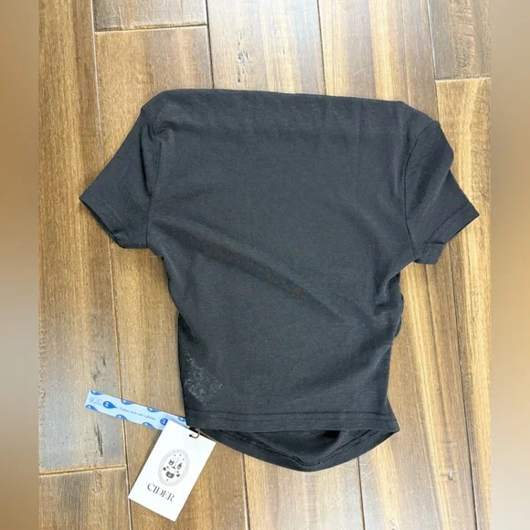 NWT Cider size XXS Sheer Black Short Sleeve Ruched Side Top Cowl Neck Grunge - Picture 4 of 5